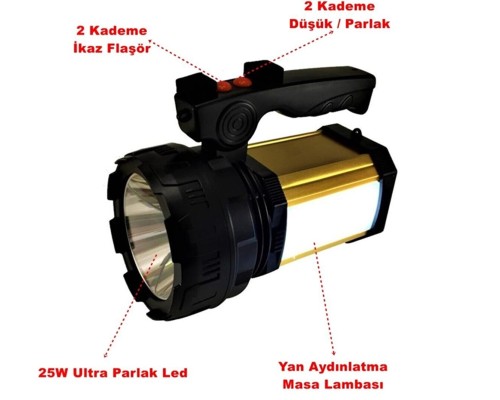 Projektör 25w Led şarjlı El Feneri Sos Ve Uzun Menzil Powerbank Usb çıkış + Yan Aydınlatma