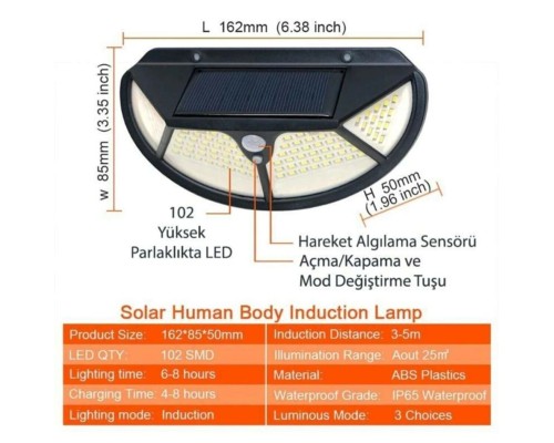 Solar Güneş Enerjili 102 Ledli 3 Modlu Hareket Sensörlü Oval Bahçe Lambası