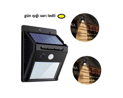 Gün Işığı Sarı Ledli Hareket Sensörlü Güneş Enerjili Led Aydınlatma Dış Mekan Bahçe 20 Led Li