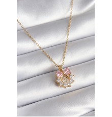 316l çelik Gold Renk Pembe Zirkon Taşlı Kurdele Model Kadın Kolye - Tj-bko8263