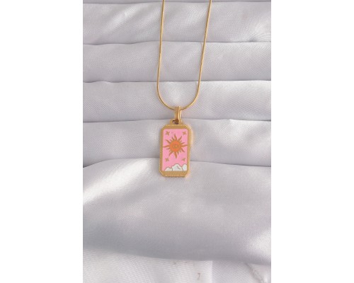 316L Çelik Gold Renk Pembe Mineli Güneş Model Tarot Kolye - TJ-BKO9029