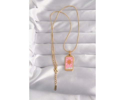 316L Çelik Gold Renk Pembe Mineli Güneş Model Tarot Kolye - TJ-BKO9029