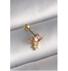 316L Çelik Gold Renk Pembe Zirkon Taşlı Sallantı Yıldız Detay Tragus Piercing - TJ-PR1236