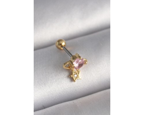 316L Çelik Gold Renk Pembe Zirkon Taşlı Sallantı Yıldız Detay Tragus Piercing - TJ-PR1236