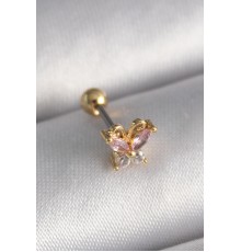 316L Çelik Gold Renk Pembe Zirkon Taşlı Kelebek Tragus Piercing - TJ-PR1240