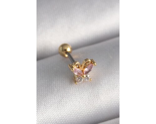 316L Çelik Gold Renk Pembe Zirkon Taşlı Kelebek Tragus Piercing - TJ-PR1240