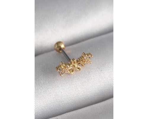 316L Çelik Gold Renk Zirkon Taşlı Çiçek Tragus Piercing - TJ-PR1246