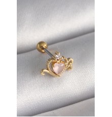 316L Çelik Gold Renk Pembe Mineli Kalp Zirkon Taş Detay Tragus Piercing - TJ-PR1260