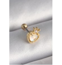 316L Çelik Gold Renk Beyaz Mineli Kalp Zirkon Taş Detaylı Taç Tragus Piercing - TJ-PR1262