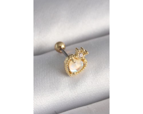 316L Çelik Gold Renk Beyaz Mineli Kalp Zirkon Taş Detaylı Taç Tragus Piercing - TJ-PR1262