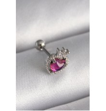 316L Çelik Gümüş Renk Pembe Mineli Kalp Zirkon Taş Detaylı Taç Tragus Piercing - TJ-PR1263