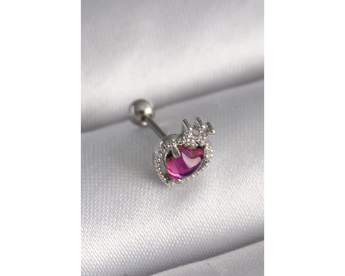 316L Çelik Gümüş Renk Pembe Mineli Kalp Zirkon Taş Detaylı Taç Tragus Piercing - TJ-PR1263