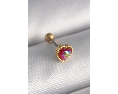 316L Çelik Gold Renk Kırmızı Mineli Kalp Tragus Piercing - TJ-PR1266