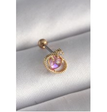 316L Çelik Gold Renk Pembe Mineli Kalp Zirkon Taş Detay Tragus Piercing - TJ-PR1272