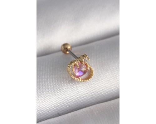 316L Çelik Gold Renk Pembe Mineli Kalp Zirkon Taş Detay Tragus Piercing - TJ-PR1272