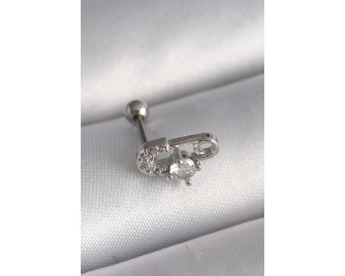 316L Çelik Gümüş Renk Zirkon Taşlı Toplu İğne Tragus Piercing - TJ-PR1275