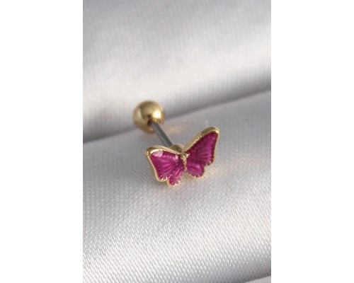 316L Çelik Gümüş Renk Pembe Kelebek Model Tragus Piercing - TJ-PR1286