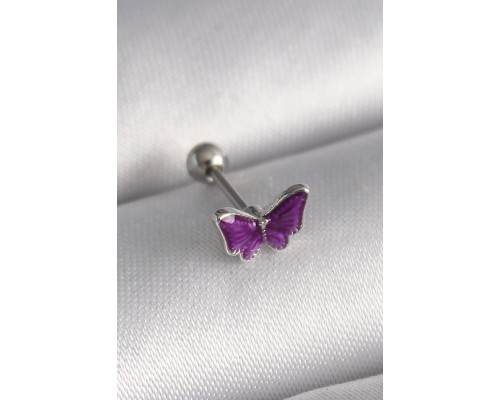 316L Çelik Gümüş Renk Mor Kelebek Model Tragus Piercing - TJ-PR1287