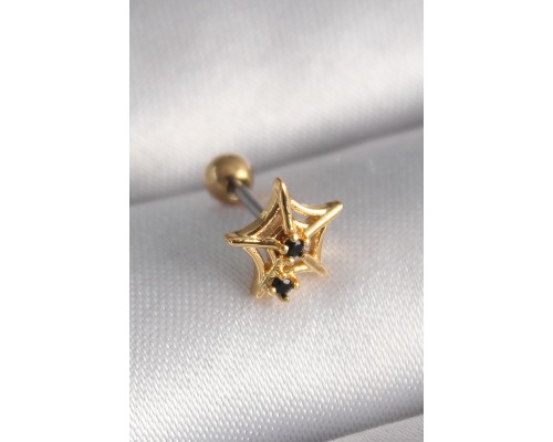 316L Çelik Gold Renk Siyah Zirkon Taş Detay Örümcek Ağ Model Tragus Piercing - TJ-PR1292