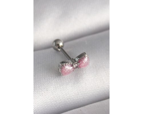 316L Çelik Gümüş Renk Pembe Kurdele Zirkon Taş Detay Tragus Piercing - TJ-PR1295