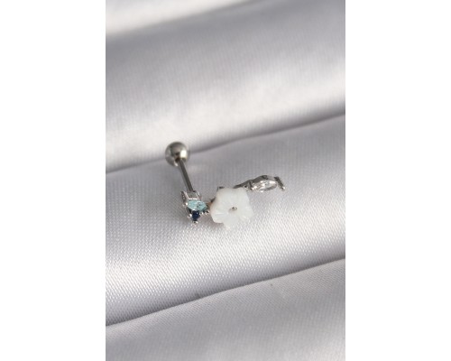 316L Çelik Gümüş Renk Zirkon Taş Detay Beyaz Çiçek Model Tragus Piercing - TJ-PR1357