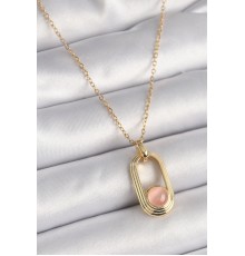 316L Çelik Gold Renk Pembe Kedi Göz Model Kadın Kolye - TJ-BKO9611