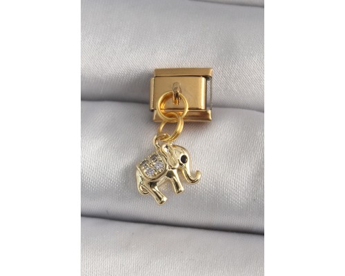 316L Çelik Gold Renk Sallantı Zirkon Taşlı Fil Model Nomination Charm - TJ-BC1194