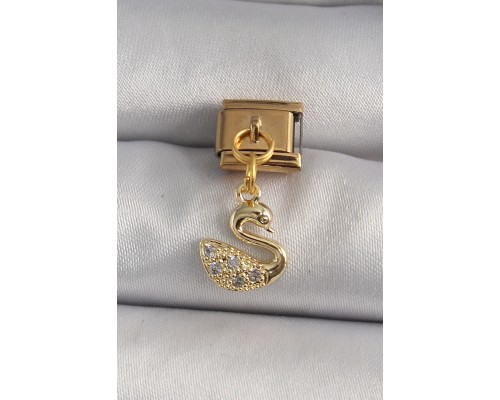 316L Çelik Gold Renk Sallantı Zirkon Taşlı Kuğu Model Nomination Charm - TJ-BC1197