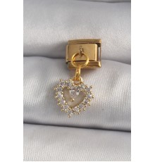 316L Çelik Gold Renk Sallantı Zirkon Taşlı Kalp Model Nomination Charm - TJ-BC1201