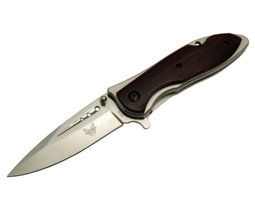 Benchmade DA76 Kahverengi Kamp Çakı 20cm- Yarı Otomatik, Kemerlikli, Ahşap Sap, Oluklu Bıçak