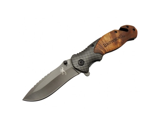 Browning X50 Kahverengi Kurtarma / Kamp Çakısı 20,5cm- Yarı Otomatik, Kemerlikli, Ahşap Sap, Cam Kırma ve İp Kesme Aparatlı