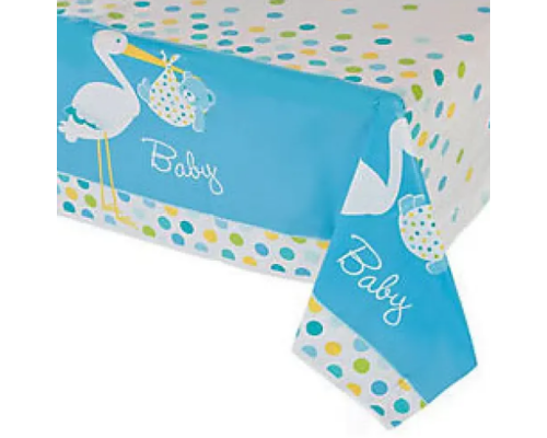 Baby Shower Masa örtüsü Baby Boy Stork Leylekli Mavi Masa örtüsü 137x274 Cm