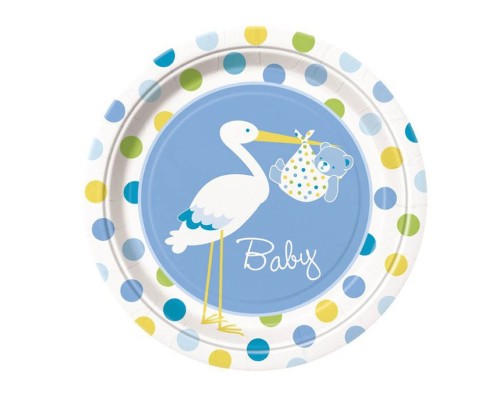 Leylek Temalı Mavi Renk Erkek Baby Boy Stork Baby Shower Parti Tabağı 8 Adet