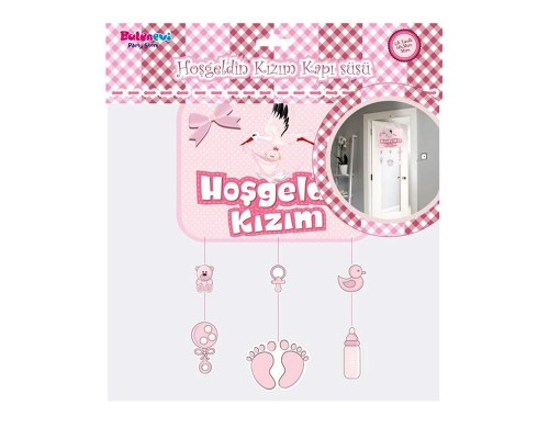 Pembe Renk Hoşgeldin Kızım Temalı Kapı Süsü Süsleme 40x60 cm