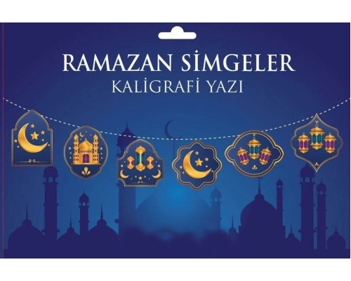 Mavi Üzeri Altın Renk Ramazan Koreografi Simgeler Banner Afiş 21x150 cm