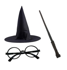 Harry Potter Siyah Şapkası Harry Potter Gözlüğü Harry Potter Asası 3 lü Set