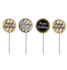 Siyah Gold Renk Temalı Happy Birthday Kürdan Süsü 20 Adet