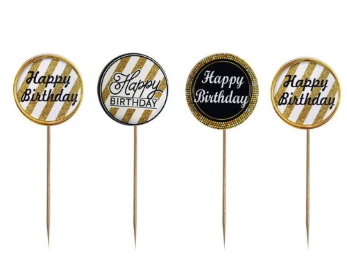 Siyah Gold Renk Temalı Happy Birthday Kürdan Süsü 20 Adet