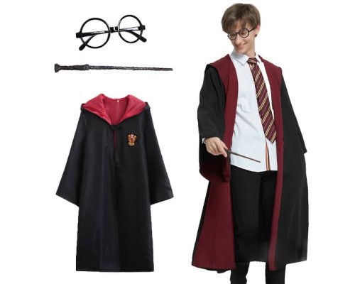 Harry Potter Gryffindor Kapişonlu Çocuk Kostüm + Asa + Gözlük 3 Parça Set