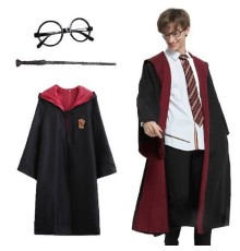 Harry Potter Gryffindor Kapişonlu çocuk Kostüm + Asa + Gözlük Seti 9-10 Yaş