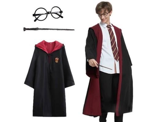 Harry Potter Gryffindor Kapişonlu Çocuk Kostüm + Asa + Gözlük Seti 5-6 Yaş