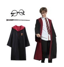 Harry Potter Gryffindor Kapişonlu çocuk Kostüm + Asa + Gözlük Seti 11-12 Yaş