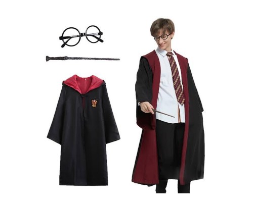 Harry Potter Gryffindor Kapişonlu Çocuk Kostüm + Asa + Gözlük Seti 11-12 Yaş