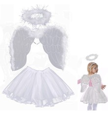 çocuk Peri Kostümü Beyaz - Peri Kanadı Eteği Tacı 3 Parça Kostüm Set