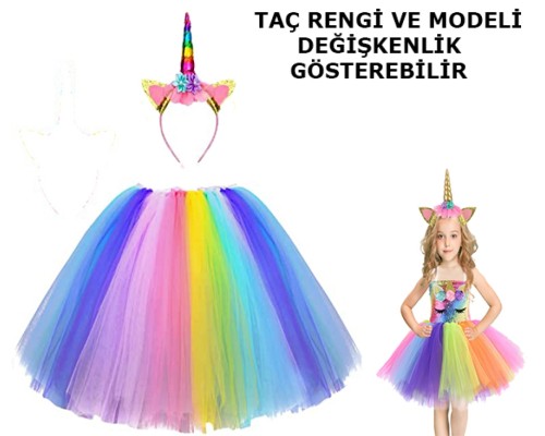 Unicorn Tütü Etek ve Taç Seti - Unicorn Kostüm Seti Çocuk Boy