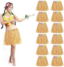 Yetişkin ve Çocuk Uyumlu Saman Renk Hawaii Luau Hula Etek 40 cm 12 Adet