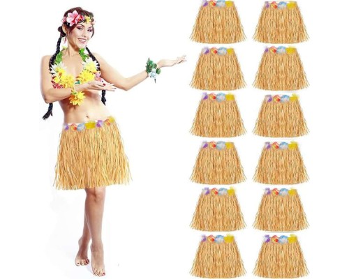 Yetişkin ve Çocuk Uyumlu Saman Renk Hawaii Luau Hula Etek 40 cm 12 Adet