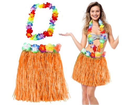 Hawaii Luau Aloha Turuncu Püsküllü 40 cm Etek ve Hawaii Kolye Seti