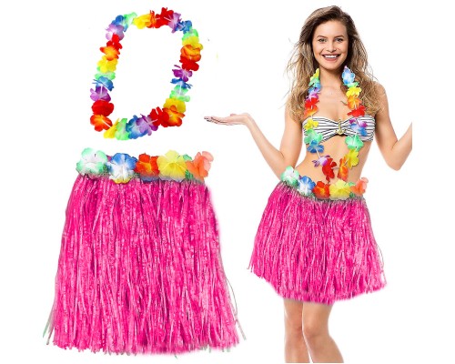 Hawaii Luau Aloha Pembe Püsküllü 40 cm Etek ve Hawaii Kolye Seti