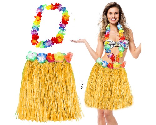 Hawaii Luau Aloha Sarı Püsküllü 50 cm Etek ve Hawaii Kolye Seti